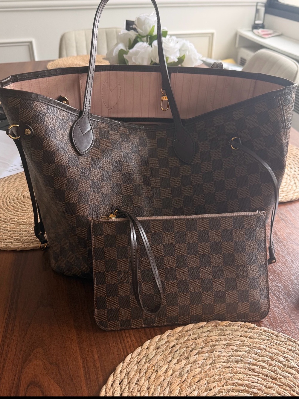 Louis Vuitton Neverfull MM Damier Ebene with Rose Ballerine Interior